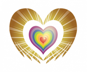 Golden wings embracing a rainbow heart symbol