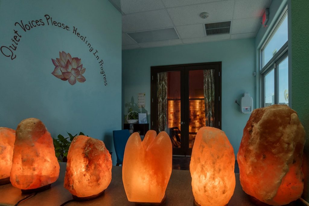 Himalayan salt lamps in a peaceful healing room