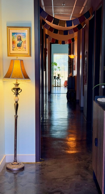 Hallway with lamp and decorative flags